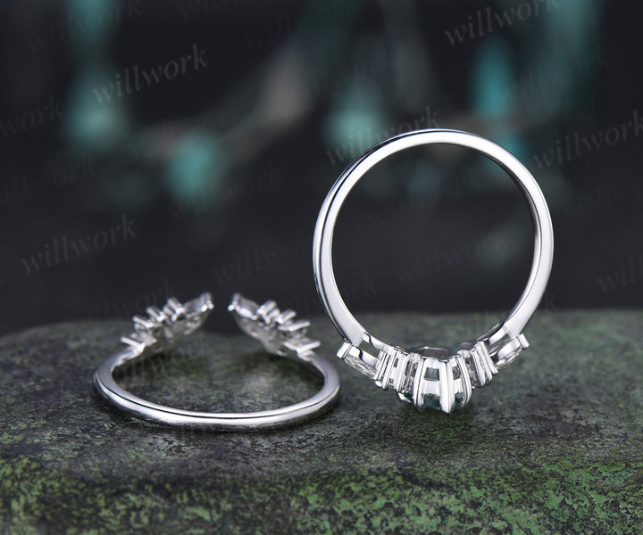 Marquise Cut Moss Agate Engagement Ring Set Moissanite Cluster Promise Ring Open Cuff Wedding Band Alternative Bridal Set