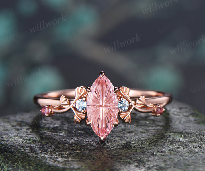 1ct Marquise Fantasy Cut Padparadscha Engagement Ring Ginkgo Leaf Five Stones Alexandrite Accent Promise Ring Nature Inspired Pink Sapphire Ring