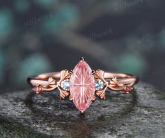 1ct Marquise Fantasy Cut Padparadscha Engagement Ring Ginkgo Leaf Five Stones Alexandrite Accent Promise Ring Nature Inspired Pink Sapphire Ring