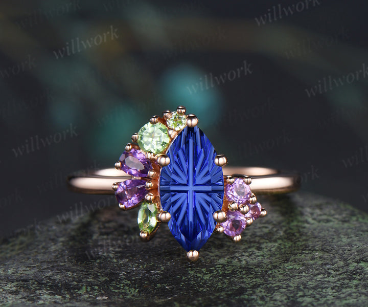 Unique marquise fantasy cut sapphire engagement ring cluster peridot amethyst bridal wedding ring September birthstone ring