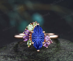 Unique marquise fantasy cut sapphire engagement ring cluster peridot amethyst bridal wedding ring September birthstone ring