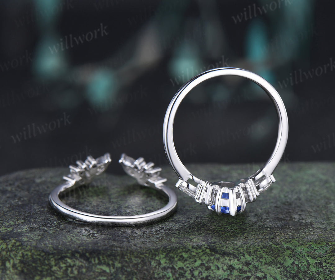Marquise Fantasy Cut Sapphire Ring Set Five Stone Promise Ring Moissanite Cluster Open Gap Wedding Band Sapphire Ring Set