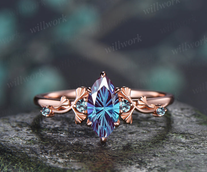 1ct Marquise Fireworks Cut Alexandrite Ginkgo Engagement Ring Nature Inspired Five Stones Promise Ring June Birthstone Jewelry Gift