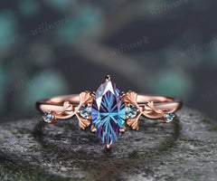 1ct Marquise Fireworks Cut Alexandrite Ginkgo Engagement Ring Nature Inspired Five Stones Promise Ring June Birthstone Jewelry Gift