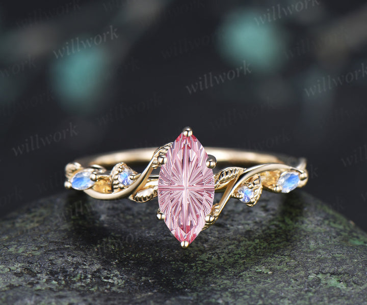 Marquise Fantasy Cut Padparadscha Engagement Ring Twig Vine Moonstone Accent Promise Ring Nature Inspired Jewelry Gifts