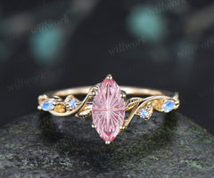 Marquise Fantasy Cut Padparadscha Engagement Ring Twig Vine Moonstone Accent Promise Ring Nature Inspired Jewelry Gifts