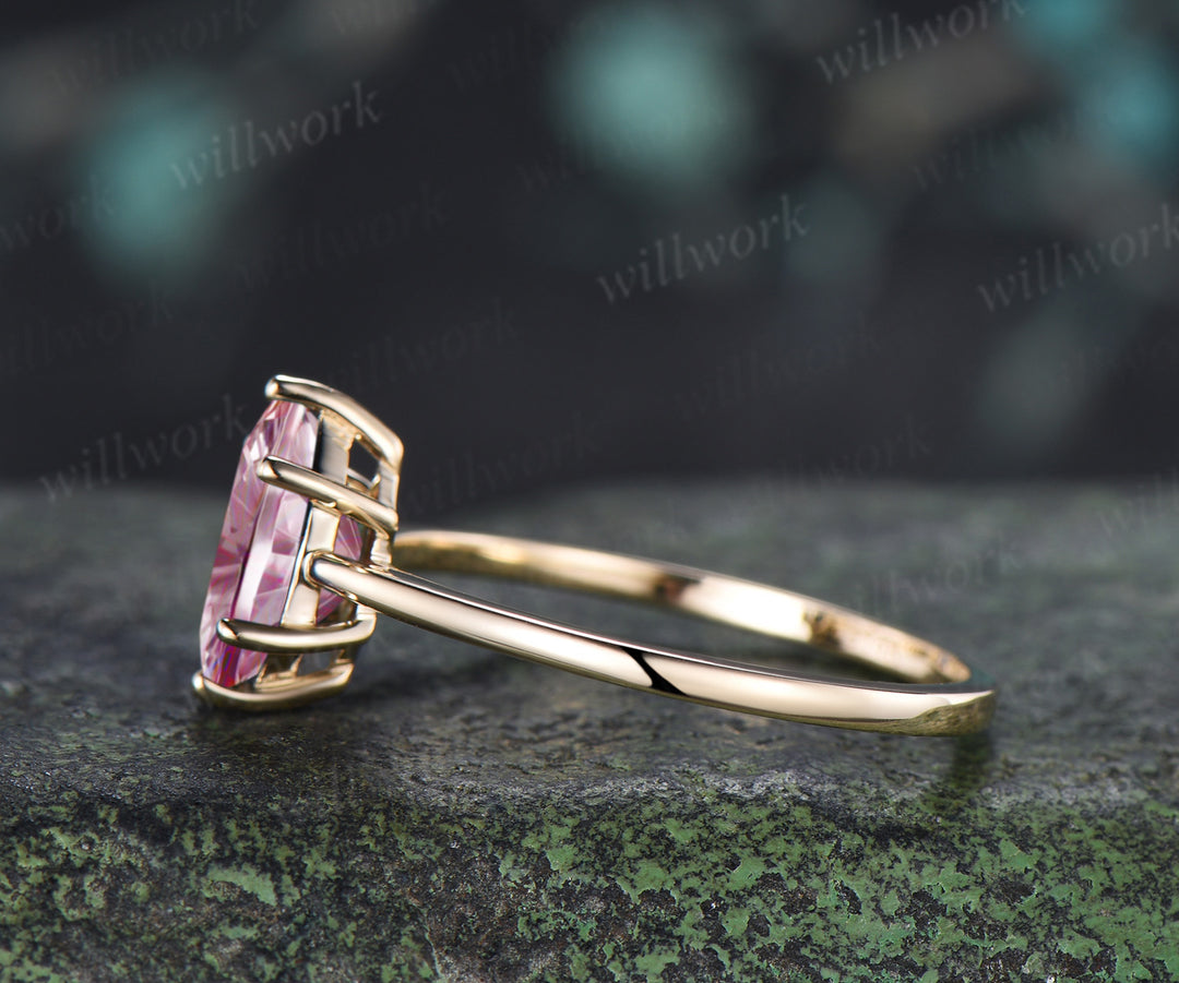 Long Hexagon Fantasy Cut Padparadscha Engagement Ring Minimalist Solitaire Pink Sapphire Promise Ring Gifts for Her