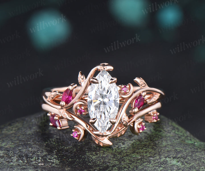 Marquise lab grown diamond ring set leaf moon twig ring ruby accents nature inspired bridal set