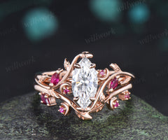 Marquise lab grown diamond ring set leaf moon twig ring ruby accents nature inspired bridal set