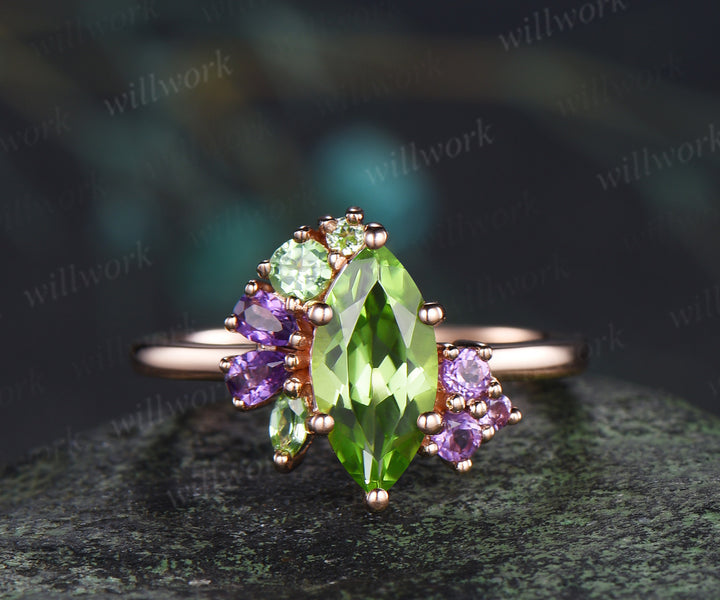 Unique marquise cut peridot engagement ring cluster peridot amethyst bridal wedding ring jewelry gifts