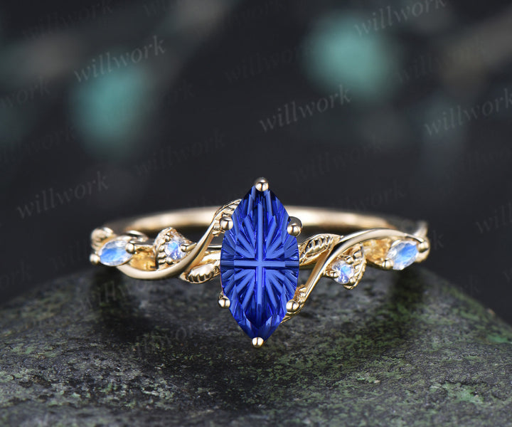 Vintage Marquise Fantasy Cut Sapphire Engagement Ring Leafy Vine Moonstone Accent Promise Ring Blue Sapphire Bridal Ring