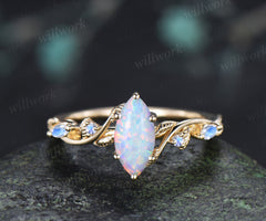Vintage Marquise White Opal Engagement Ring Leafy Vine Moonstone Accent Promise Ring Fire Opal Jewelry Gifts