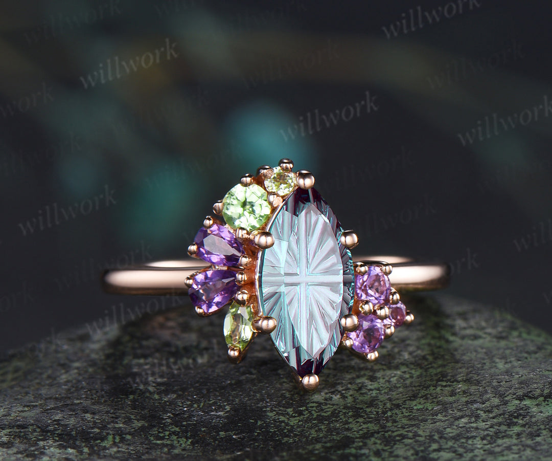 Marquise fantasy cut alexandrite engagement ring retro cluster peridot amethyst bridal wedding ring June birthstone ring