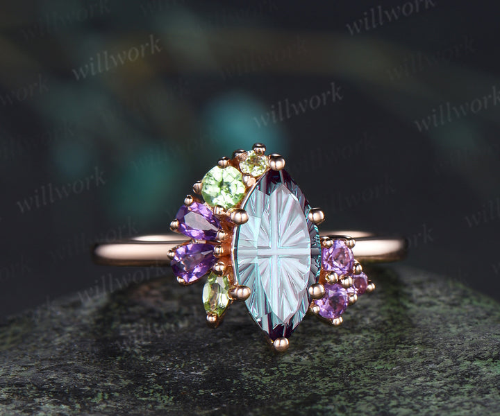 Marquise fantasy cut alexandrite engagement ring retro cluster peridot amethyst bridal wedding ring June birthstone ring