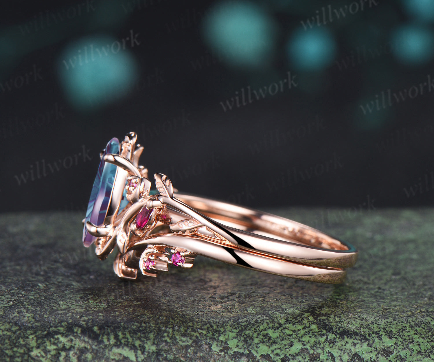 Marquise Fantasy Cut Alexandrite Ring Set Leaf Twig Moon Promise