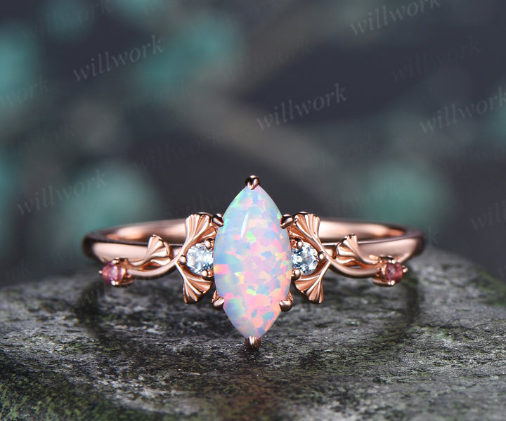 Marquise White Opal Ginkgo Engagement Ring Nature Inspired Five Stones Aquamarine Pink Tourmalines Accents Promise Ring October Birthstone Gifts
