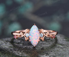 Marquise White Opal Ginkgo Engagement Ring Nature Inspired Five Stones Aquamarine Pink Tourmalines Accents Promise Ring October Birthstone Gifts
