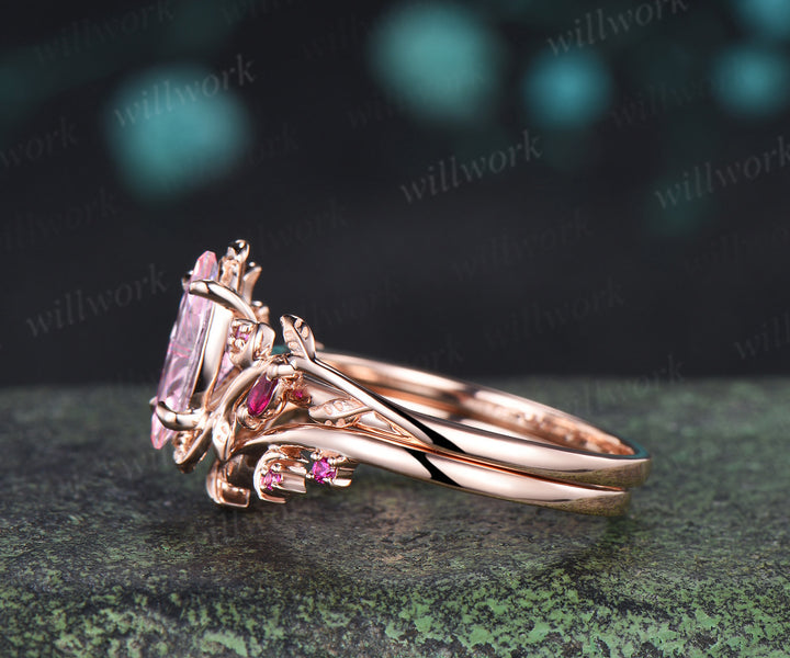 Marquise Fantasy Cut Padparadscha Ring Set Leaf Twig Moon Promise Ring Ruby Accent Wedding Band Pink Sapphire Ring Set