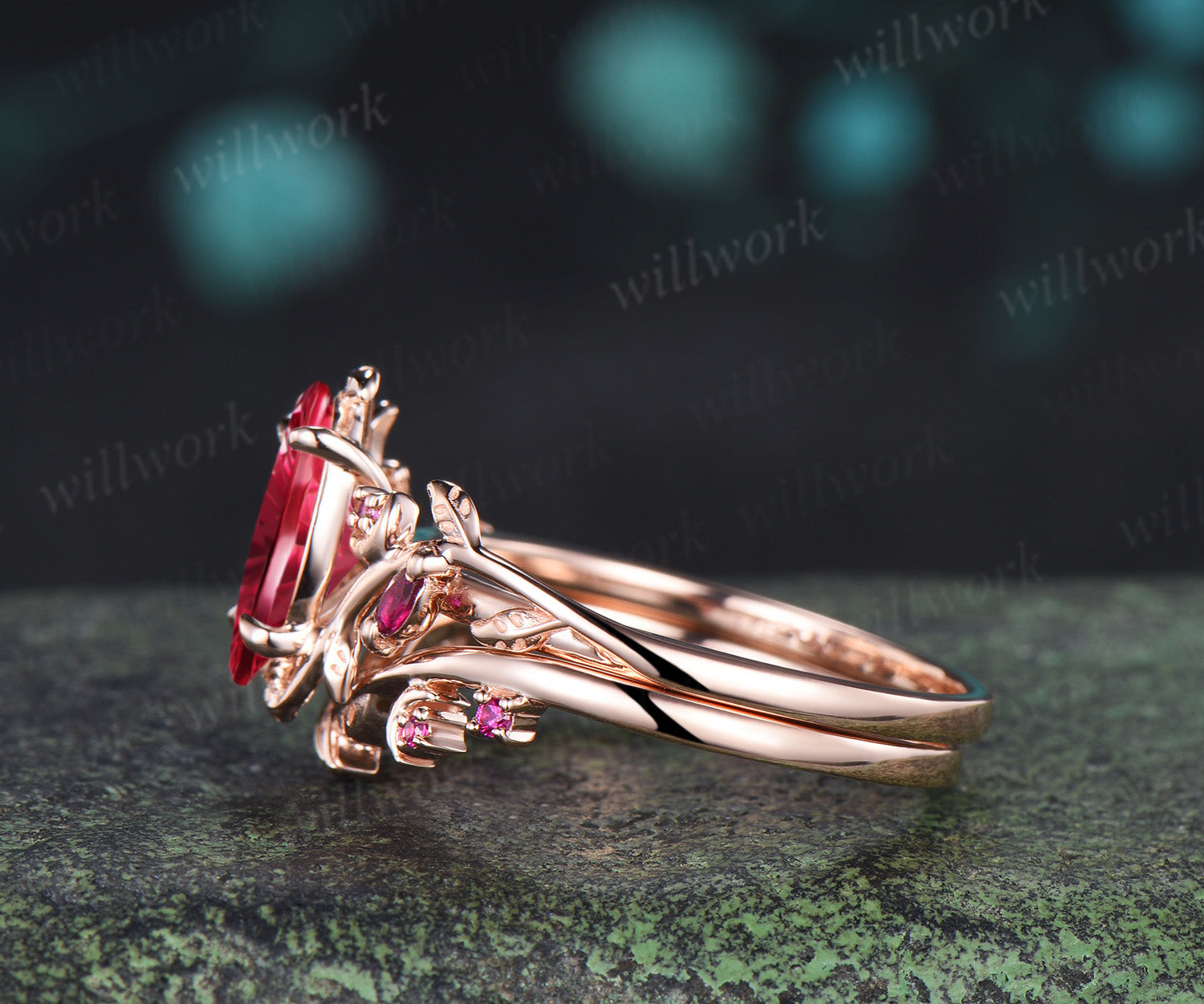 Marquise Fantasy Cut Ruby Ring Set Leaf Twig Moon Promise Ring