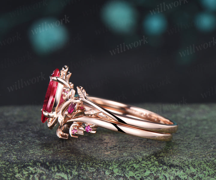 Marquise Fantasy Cut Ruby Ring Set Leaf Twig Moon Promise Ring Ruby Accent Nature Inspired Bridal Set