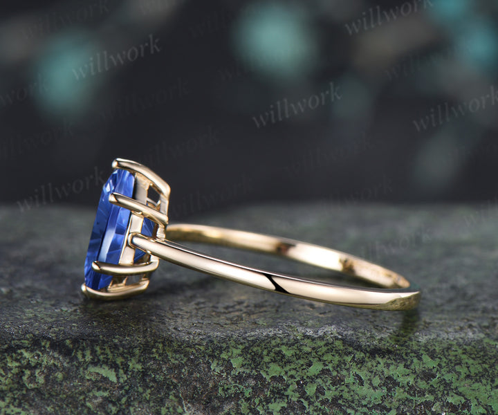 Hexagon Fantasy Cut Blue Sapphire Engagement Ring 6 Prong Solitaire Promise Ring Minimalist Sapphire Wedding Ring