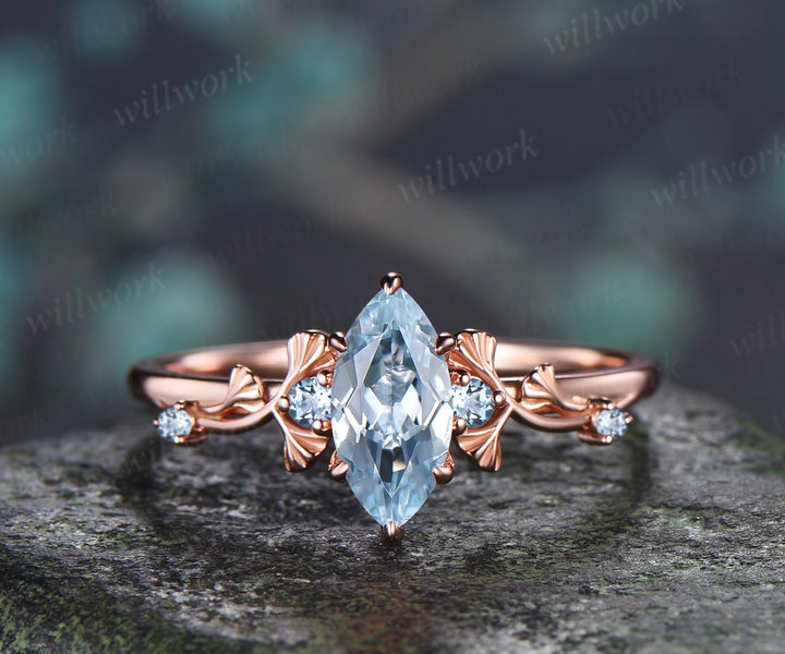 1ct Marquise Cut Aquamarine Ginkgo Engagement Ring Nature Inspired Five Stones Promise Ring March Birthstone Jewelry Gift