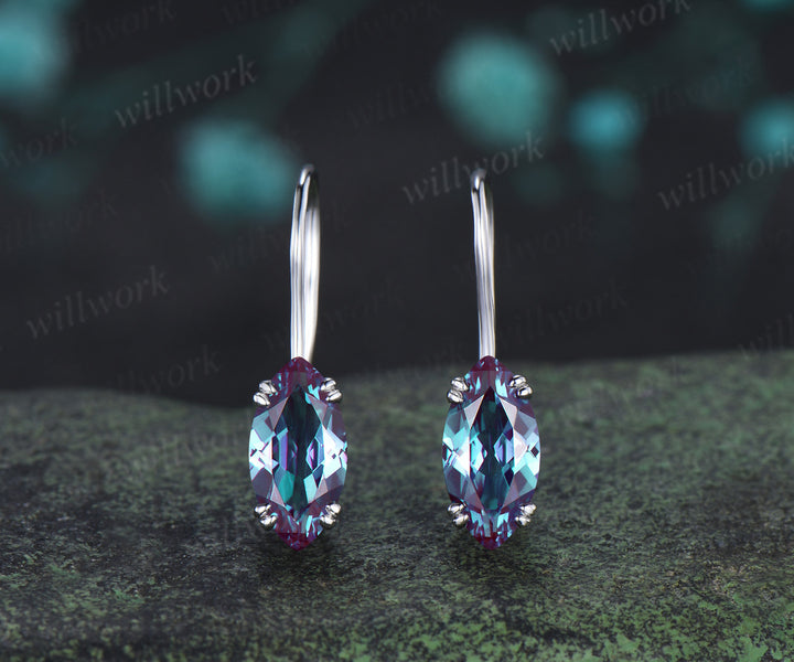 Marquise cut alexnadrite drop earrings minimalist 8 prongs solitaire color change gemstone hook earrings gifts for women