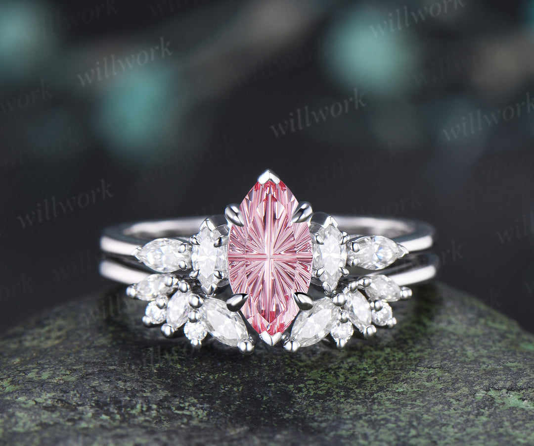 Marquise Fantasy Cut Padparadscha Ring Set Five Stone Promise Ring Moissanite Accent Cluster Wedding Band Pink Sapphire Ring Set