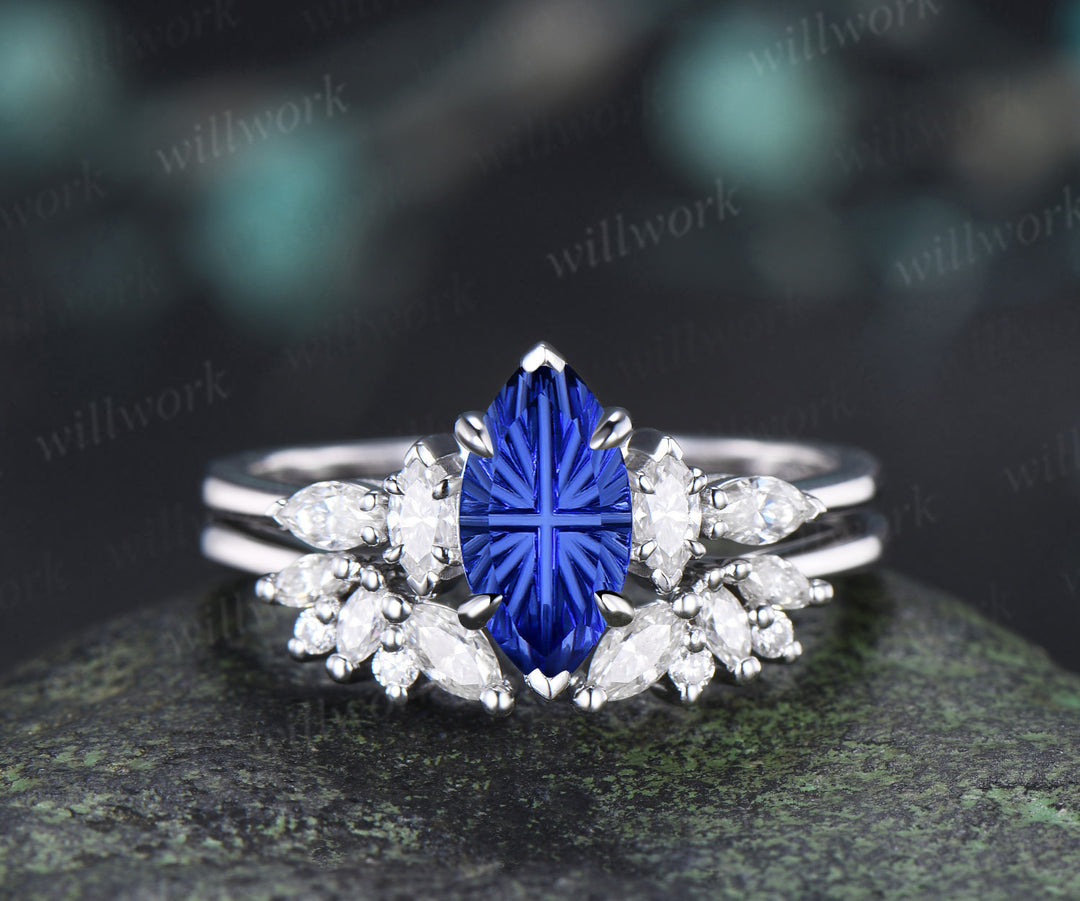 Marquise Fantasy Cut Sapphire Ring Set Five Stone Promise Ring Moissanite Cluster Open Gap Wedding Band Sapphire Ring Set