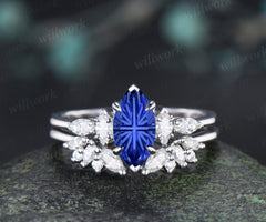 Marquise Fantasy Cut Sapphire Ring Set Five Stone Promise Ring Moissanite Cluster Open Gap Wedding Band Sapphire Ring Set