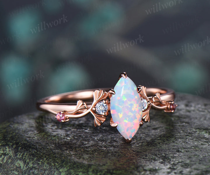 Marquise White Opal Ginkgo Engagement Ring Nature Inspired Five Stones Aquamarine Pink Tourmalines Accents Promise Ring October Birthstone Gifts