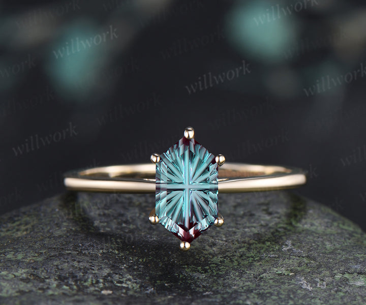 Hexagon Fantasy Cut Alexandrite Engagement Ring 6 Prong Solitaire Promise Ring Minimalist Color Change Gemstone Wedding Ring