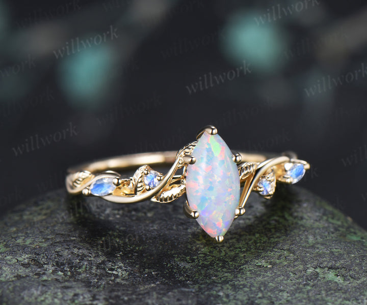 Vintage Marquise White Opal Engagement Ring Leafy Vine Moonstone Accent Promise Ring Fire Opal Jewelry Gifts