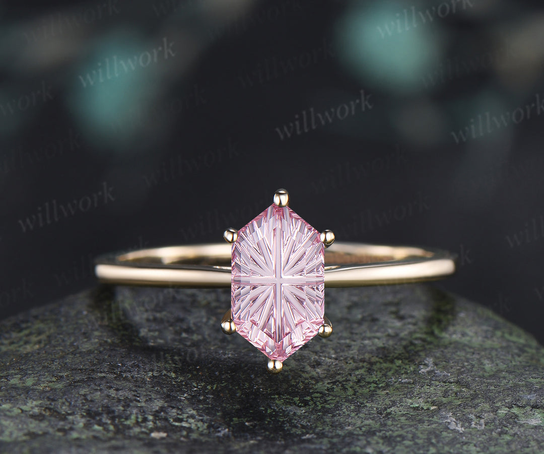 Long Hexagon Fantasy Cut Padparadscha Engagement Ring Minimalist Solitaire Pink Sapphire Promise Ring Gifts for Her