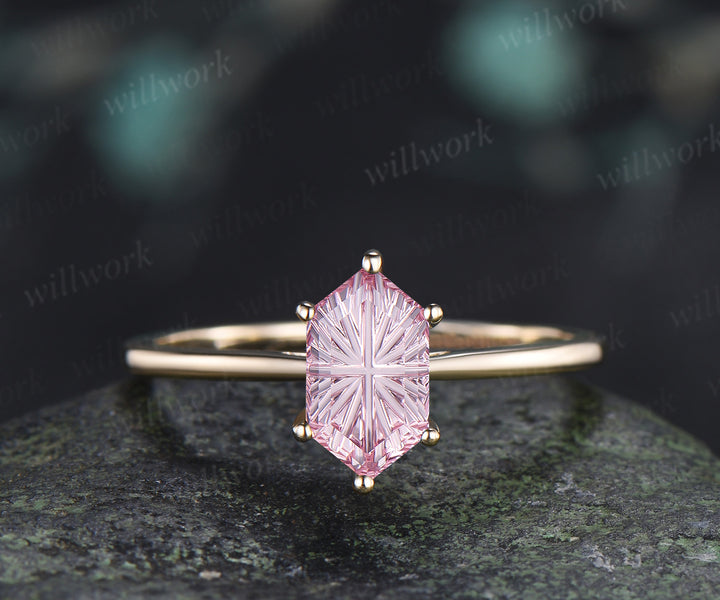 Long Hexagon Fantasy Cut Padparadscha Engagement Ring Minimalist Solitaire Pink Sapphire Promise Ring Gifts for Her