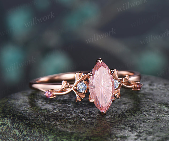1ct Marquise Fantasy Cut Padparadscha Engagement Ring Ginkgo Leaf Five Stones Alexandrite Accent Promise Ring Nature Inspired Pink Sapphire Ring