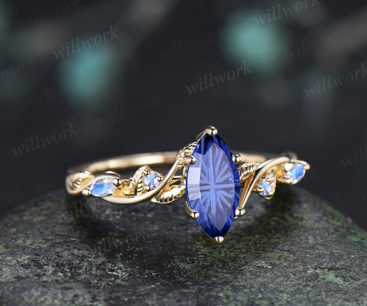 Vintage Marquise Fantasy Cut Sapphire Engagement Ring Leafy Vine Moonstone Accent Promise Ring Blue Sapphire Bridal Ring