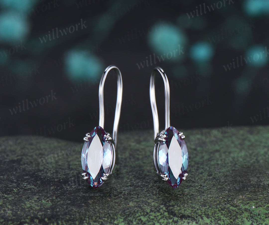 Marquise cut alexnadrite drop earrings minimalist 8 prongs solitaire color change gemstone hook earrings gifts for women