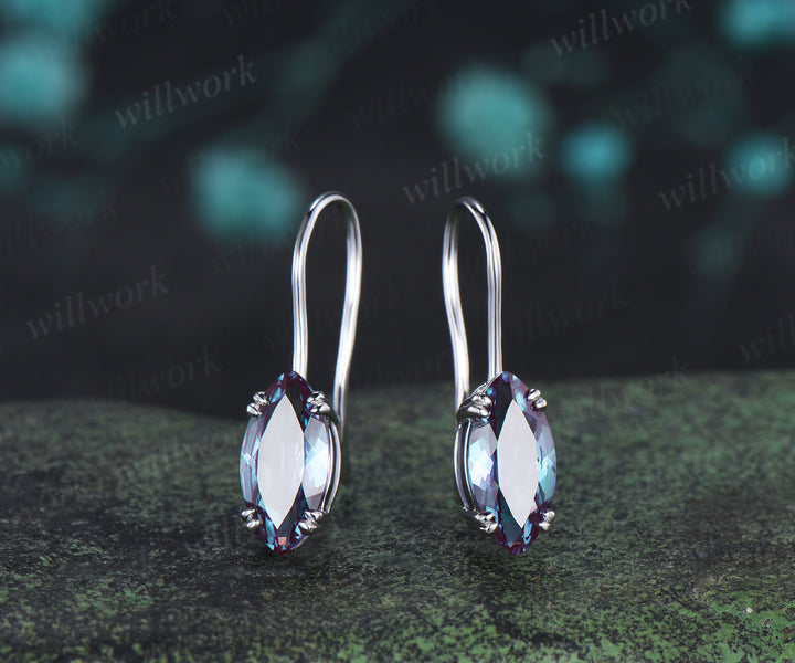 Marquise cut alexnadrite drop earrings minimalist 8 prongs solitaire color change gemstone hook earrings gifts for women