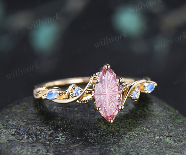 Marquise Fantasy Cut Padparadscha Engagement Ring Twig Vine Moonstone Accent Promise Ring Nature Inspired Jewelry Gifts