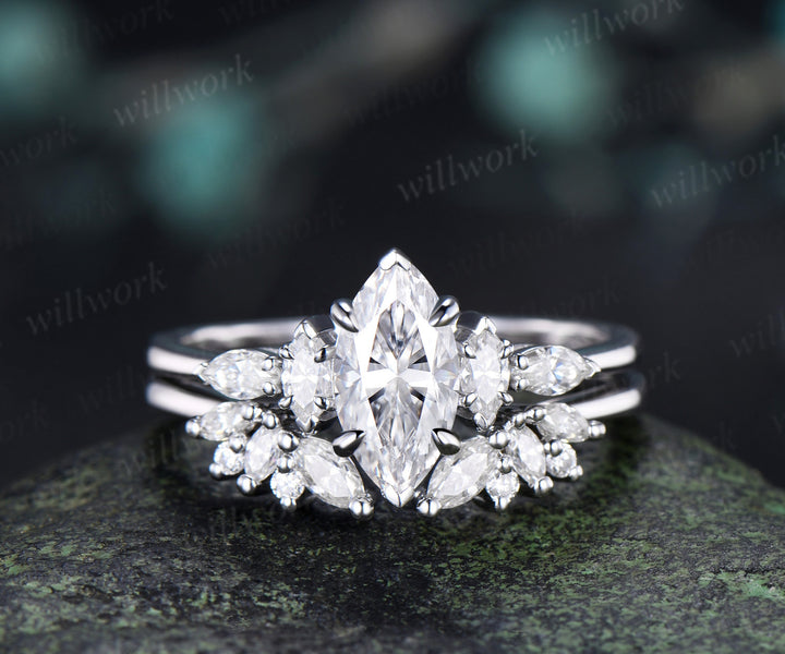 Marquise Cut IGI Lab Grown Diamond Set Five Stone Promise Ring Moissanite Cluster Open Gap Wedding Band Unique Bridal Ring Set
