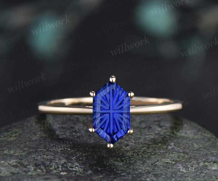 Hexagon Fantasy Cut Blue Sapphire Engagement Ring 6 Prong Solitaire Promise Ring Minimalist Sapphire Wedding Ring