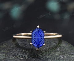 Hexagon Fantasy Cut Blue Sapphire Engagement Ring 6 Prong Solitaire Promise Ring Minimalist Sapphire Wedding Ring
