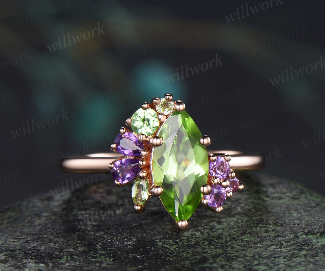 Unique marquise cut peridot engagement ring cluster peridot amethyst bridal wedding ring jewelry gifts