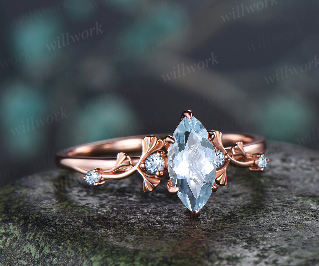 1ct Marquise Cut Aquamarine Ginkgo Engagement Ring Nature Inspired Five Stones Promise Ring March Birthstone Jewelry Gift