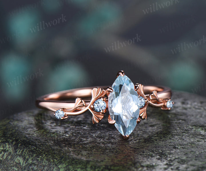 1ct Marquise Cut Aquamarine Ginkgo Engagement Ring Nature Inspired Five Stones Promise Ring March Birthstone Jewelry Gift