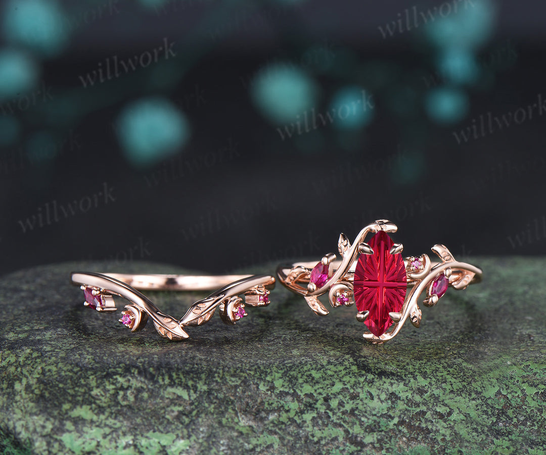 Marquise Fantasy Cut Ruby Ring Set Leaf Twig Moon Promise Ring Ruby Accent Nature Inspired Bridal Set