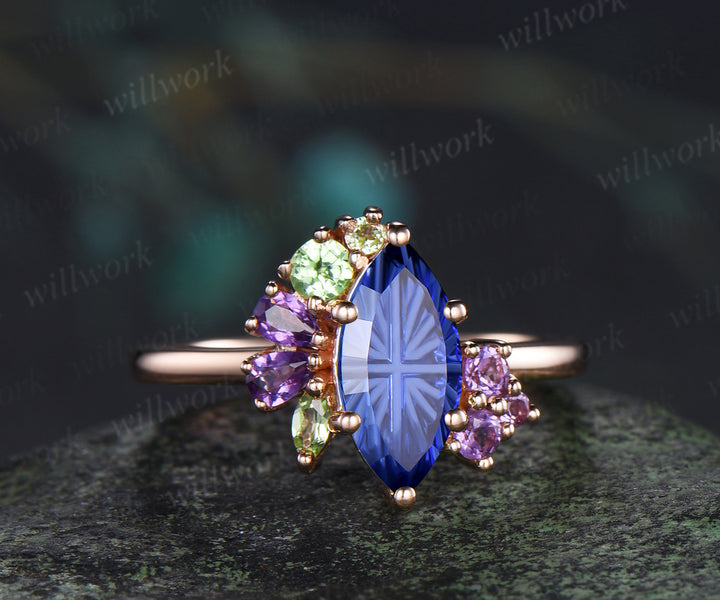 Unique marquise fantasy cut sapphire engagement ring cluster peridot amethyst bridal wedding ring September birthstone ring