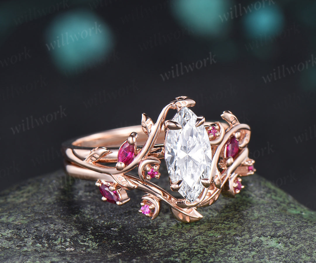 Marquise lab grown diamond ring set leaf moon twig ring ruby accents nature inspired bridal set