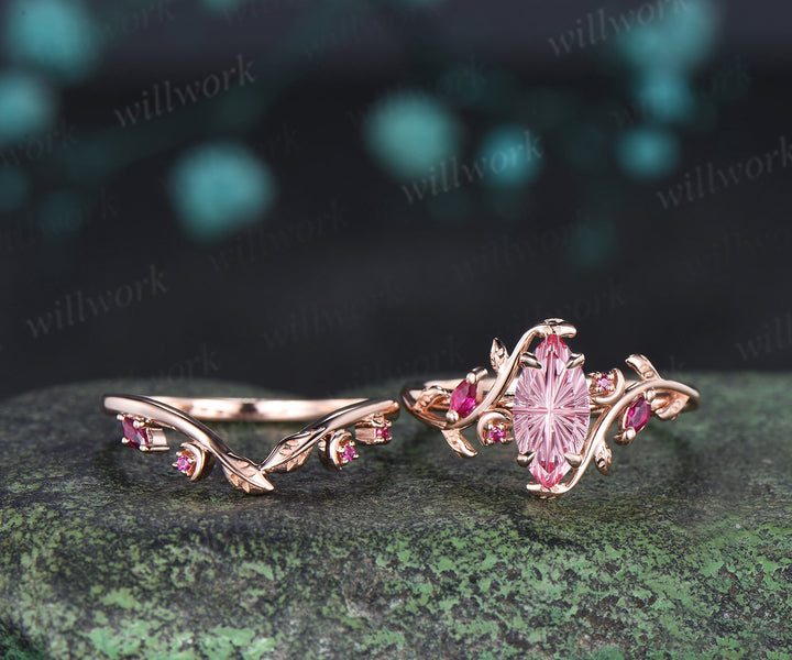 Marquise Fantasy Cut Padparadscha Ring Set Leaf Twig Moon Promise Ring Ruby Accent Wedding Band Pink Sapphire Ring Set